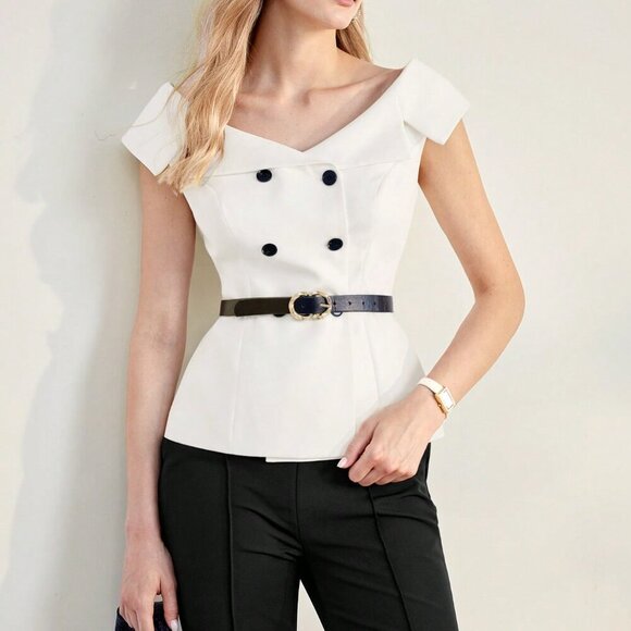 Tops - White Elegant Women's Double Breasted Hourglass Blouse